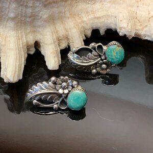 Navajo Sterling Silver Turquoise Leaf Earrings Gilbert Smith Running Bear J802